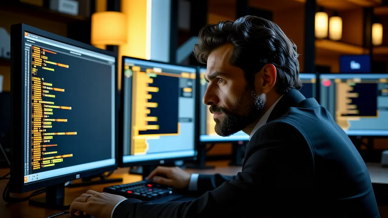 Un hombre examina datos técnicos en la oficina