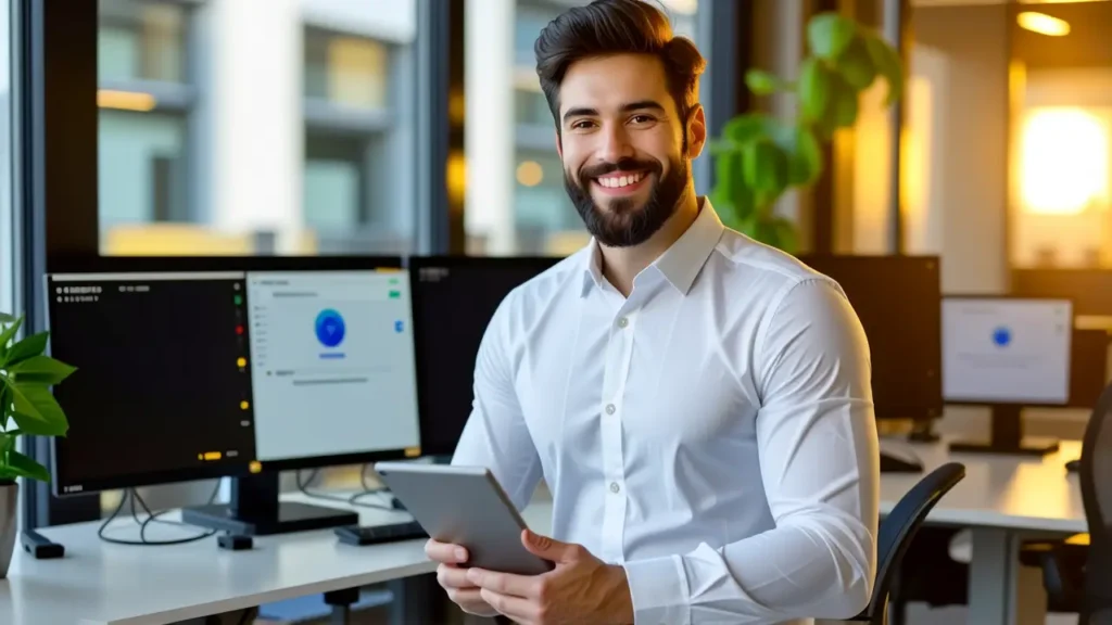 Un hombre moderno sonríe con tablet en oficina