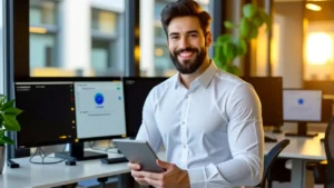 Un hombre moderno sonríe con tablet en oficina