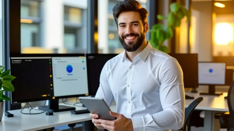 Un hombre moderno sonríe con tablet en oficina