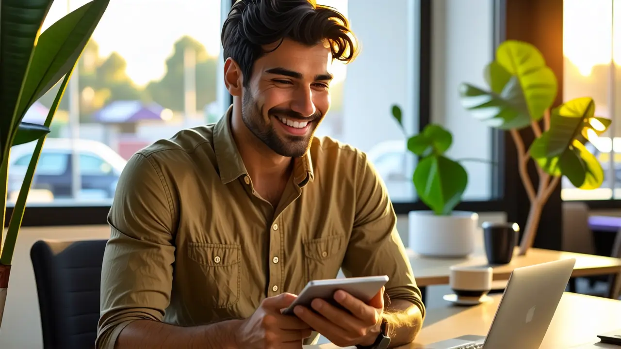 Un hombre moderno sostiene una tableta en luz cálida