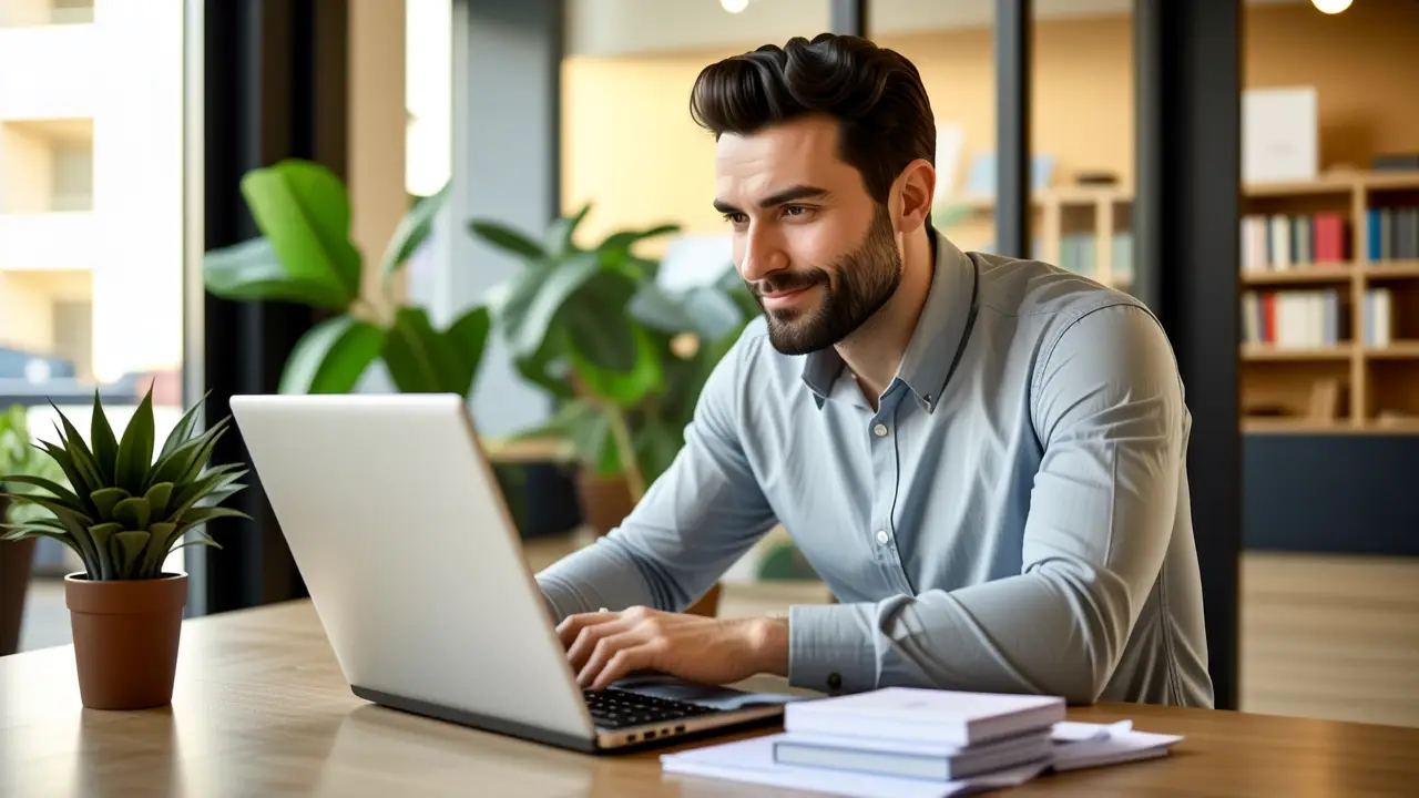 Un hombre pensativo trabaja en oficina