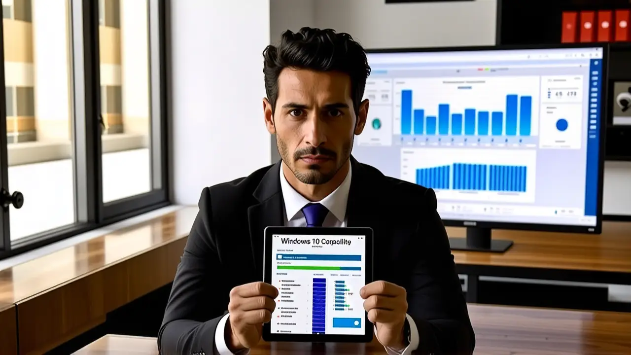 Requisitos Windows 10: Todo lo que necesitas saber 3 Un hombre serio examina gráficos tecnológicos en su oficina