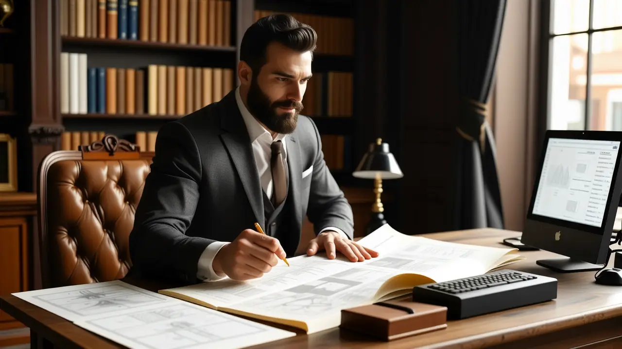 Requisitos Windows 10: Todo lo que necesitas saber 1 Un hombre elegante examina planos en oficina retro