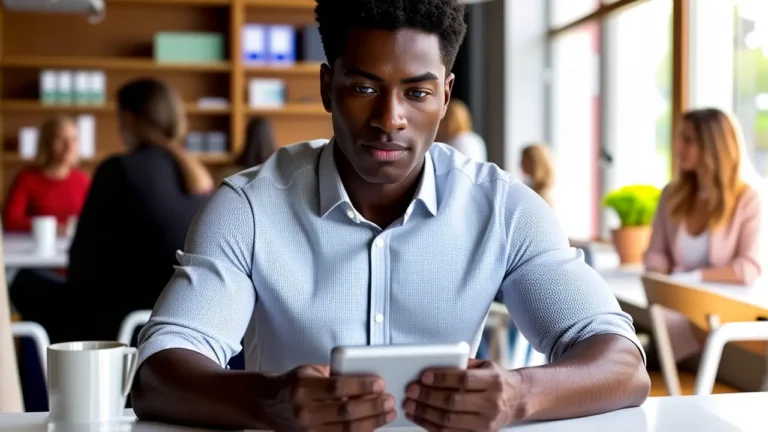 Un hombre pensativo sostiene una tableta en oficina