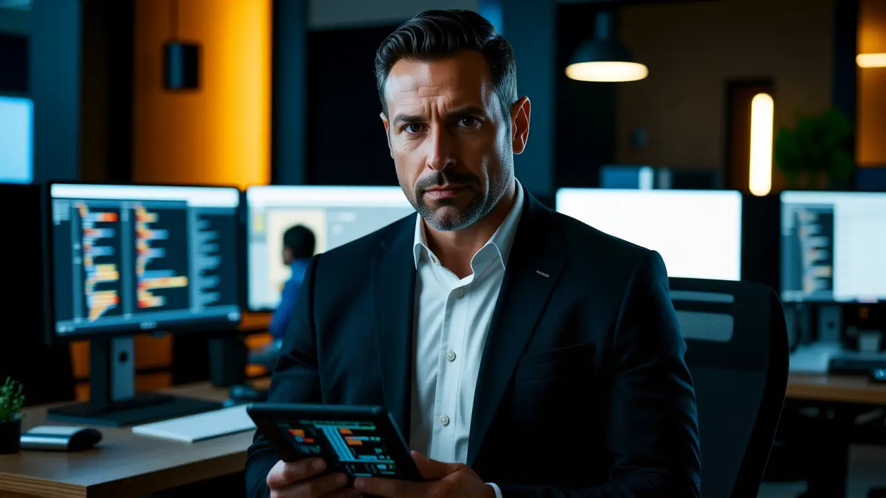 Requisitos Windows 10: Todo lo que necesitas saber 4 Un hombre serio trabaja con código en un ambiente oscuro