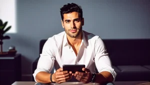 Un hombre joven sonríe frente a su tableta