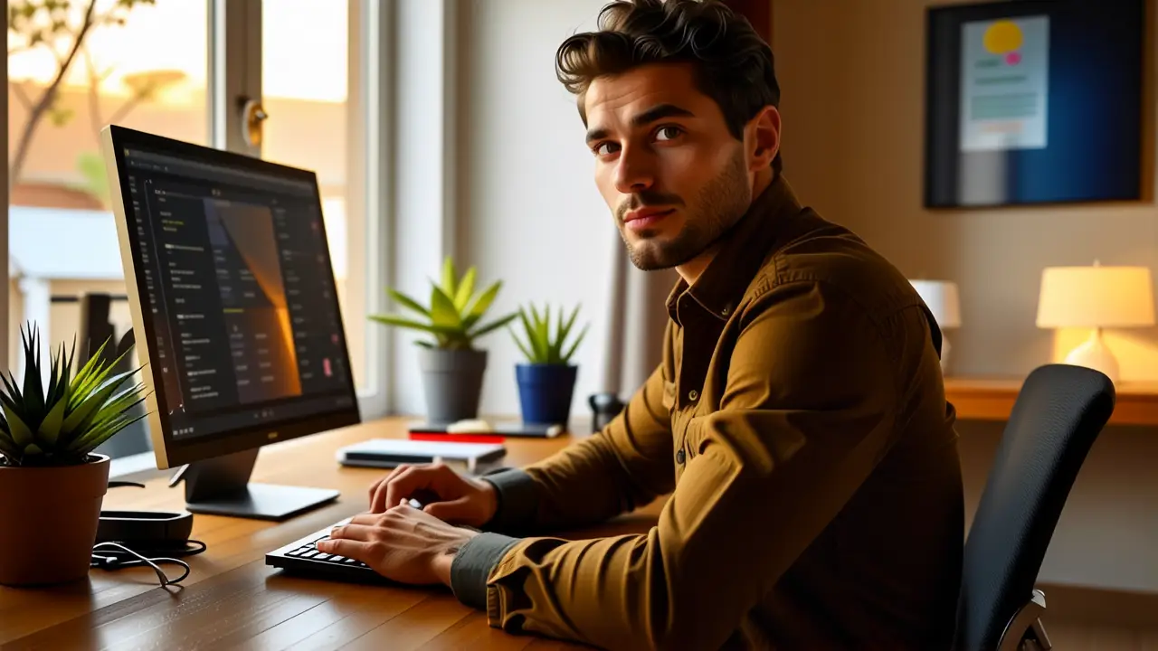 Un hombre pensativo trabaja en su estudio moderno