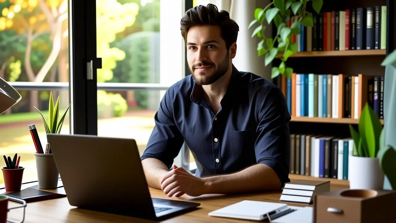 Un hombre moderno luce en un estudio cálido