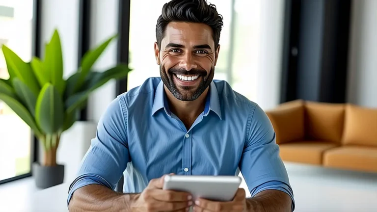 Un hombre moderno sonríe con tablet