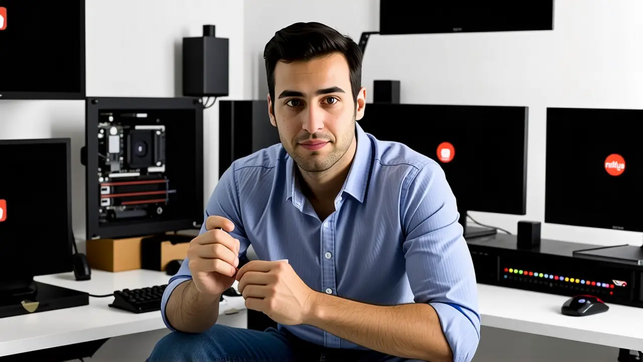 Un hombre técnico examina un USB en estudio