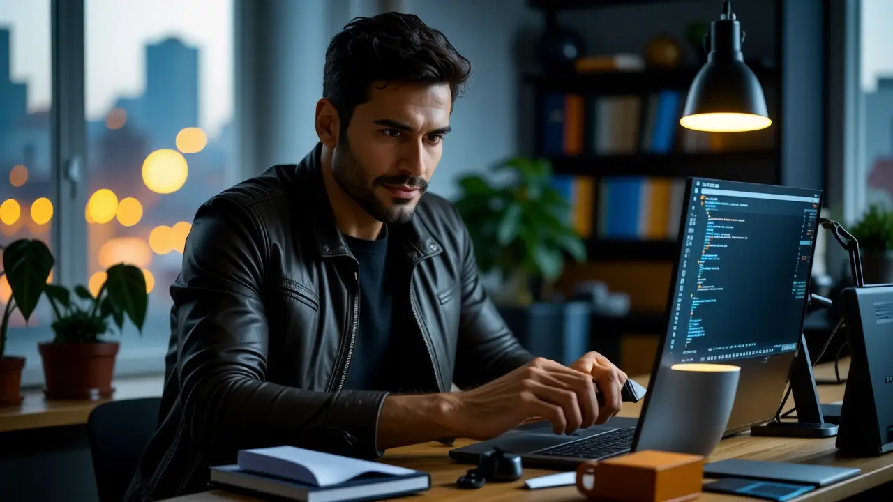 Un hombre en su oficina examina un USB con intensidad