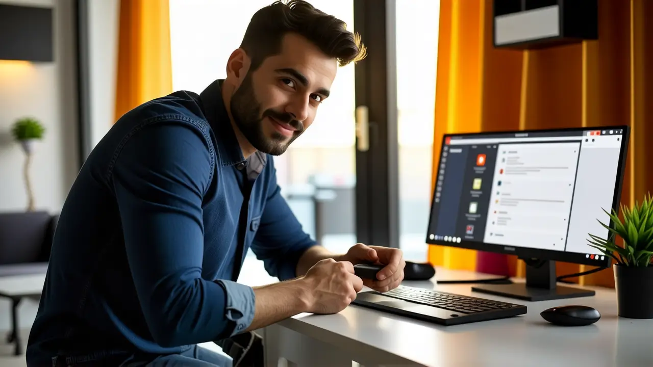 Un hombre joven sostiene un USB en oficina moderna