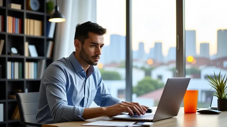 Un hombre pensativo trabaja en su oficina moderna
