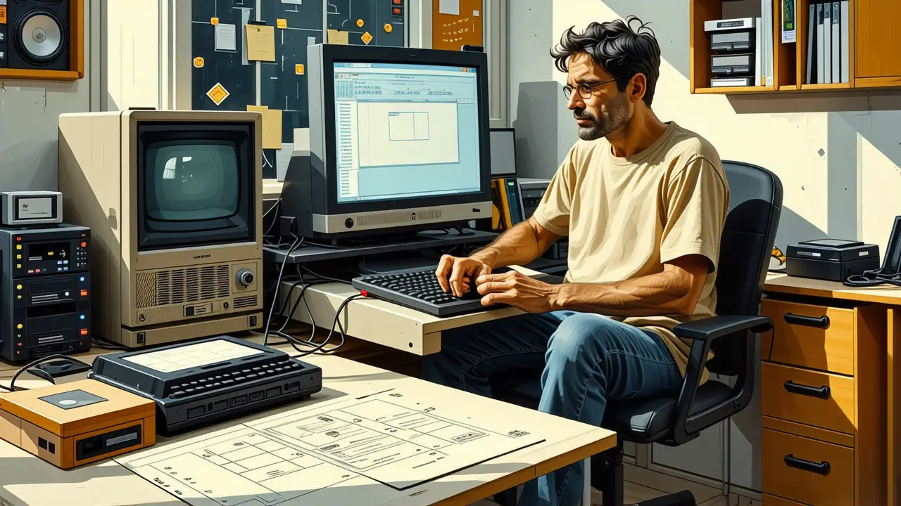 Un hombre pensativo examina una computadora retro