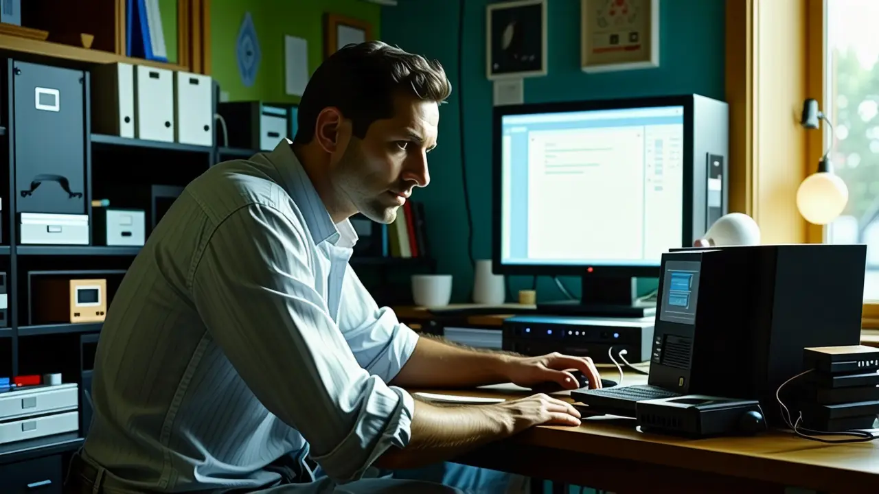 Un hombre reflexivo contempla la tecnología del pasado