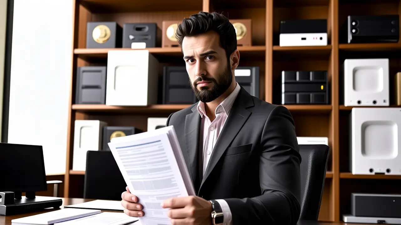 Un hombre serio analiza documentación en oficina antigua