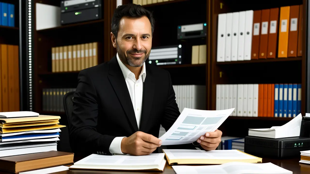 Un hombre serio trabaja en un despacho antiguo