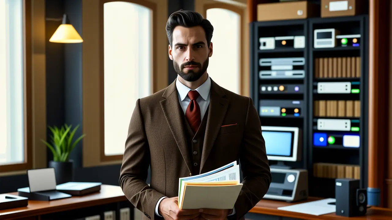 Un hombre serio examina documentación en un estudio clásico