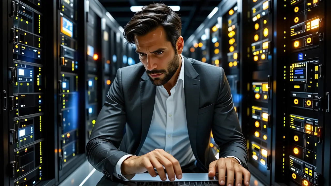Un hombre analizando servidores en un ambiente dramático