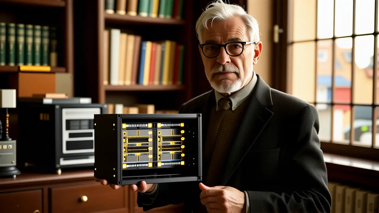 Un hombre pensativo examina un servidor antiguo