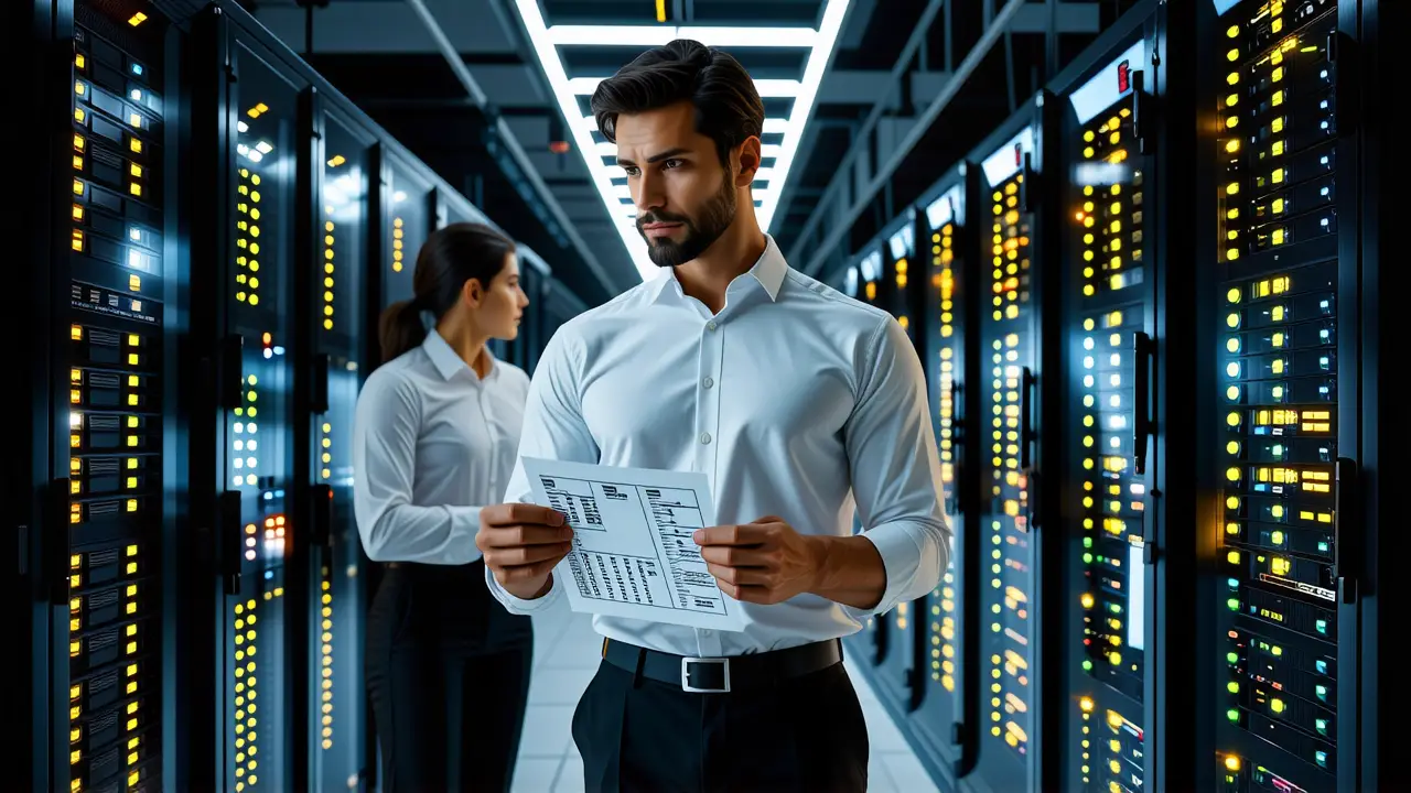 Un hombre técnico examina un diagrama en un servidor