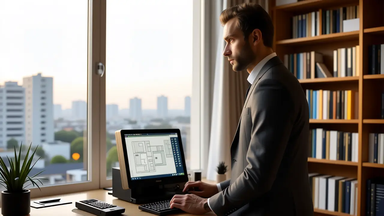 Un hombre pensativo en un espacio minimalista y tecnológico