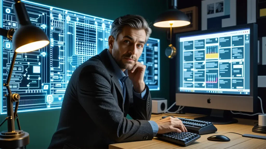 Un hombre pensativo observa una interfaz vintage