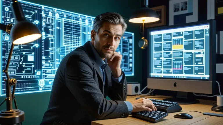 Un hombre pensativo observa una interfaz vintage