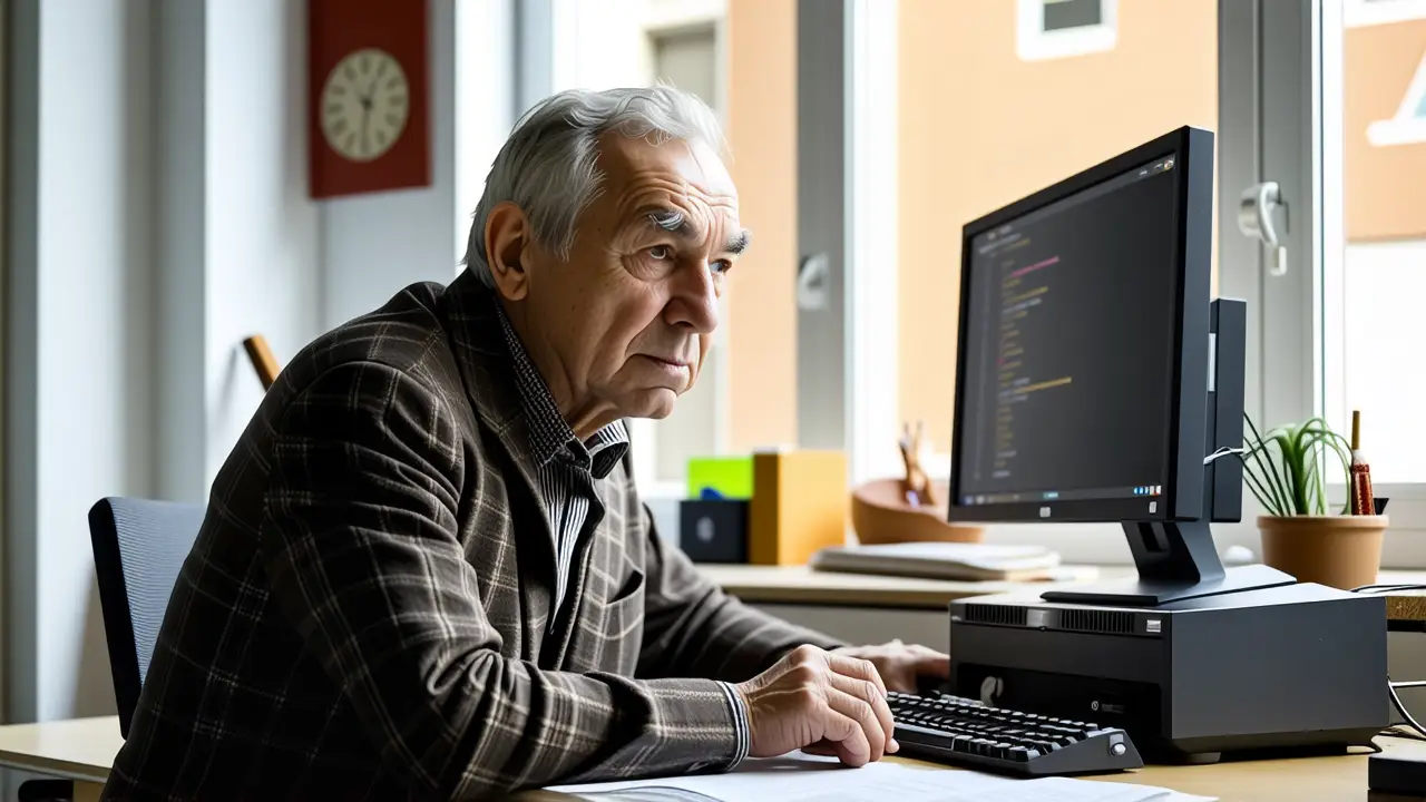 Un hombre mayor observa la tecnología nostálgica