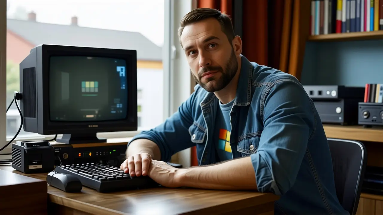 Windows 3 Requisitos: Hardware Mínimo y Óptimo 4 Un hombre nostálgico observa viejos ordenadores con luz cálida