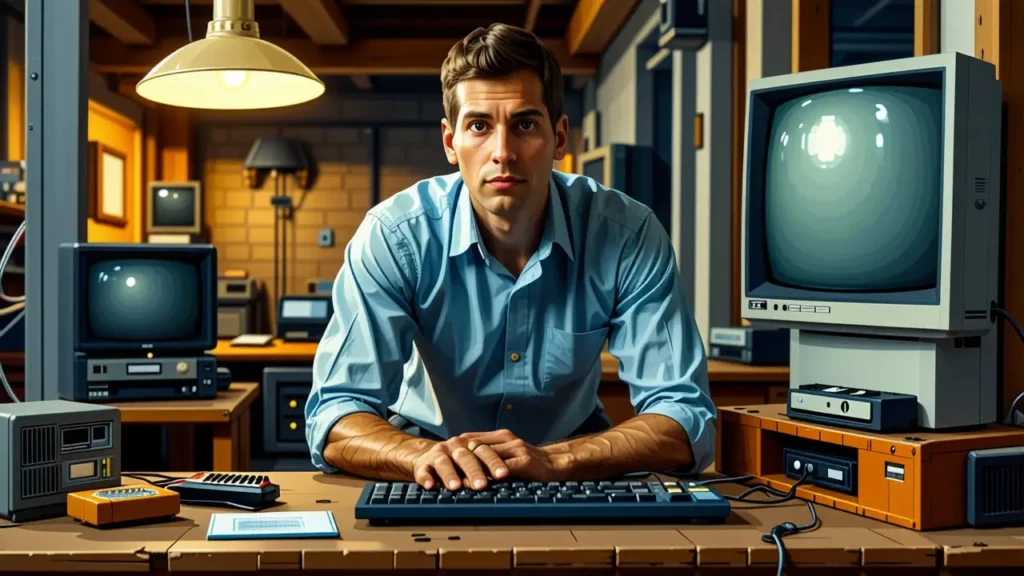 Un hombre pensativo observa una computadora vintage