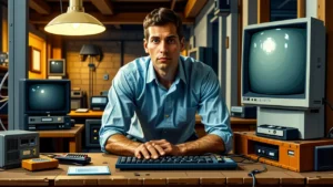 Un hombre pensativo observa una computadora vintage