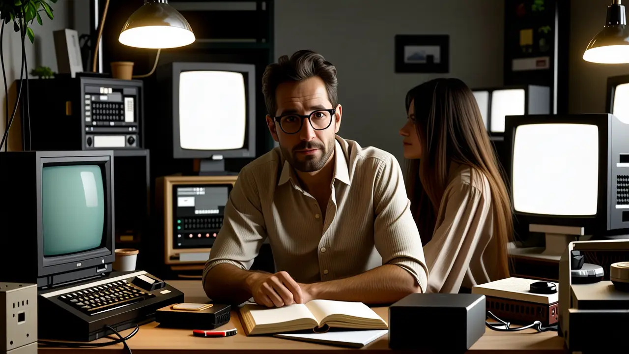 Windows 3x: Historia y Evolución del Sistema Operativo 3 Un hombre reflexivo examina tecnología vintage en luz cálida