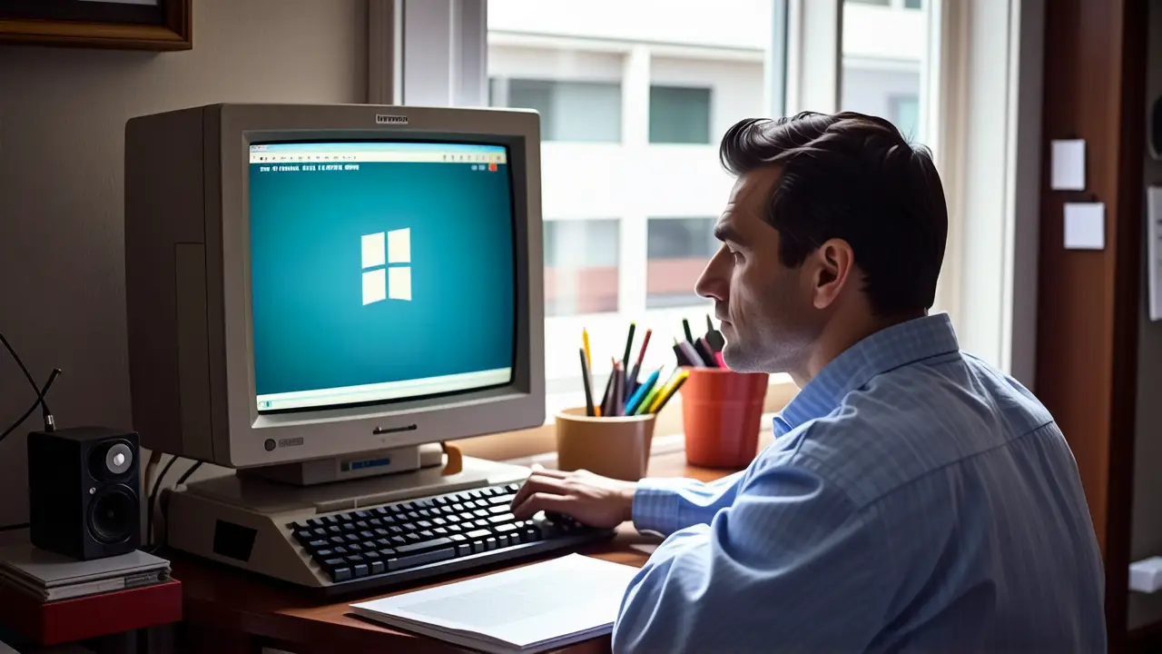 Windows 3x: Historia y Evolución del Sistema Operativo 1 Un hombre reflexivo interactúa con la tecnología retro