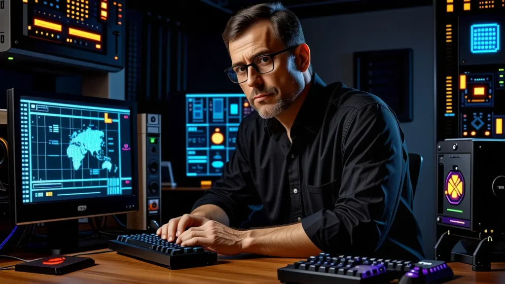 Un programador pensativo contempla la tecnología retro