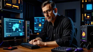 Un programador pensativo contempla la tecnología retro