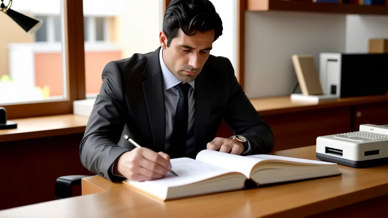 Windows 95: Historia y Características Clave 1 Un hombre pensativo estudia planos vintage