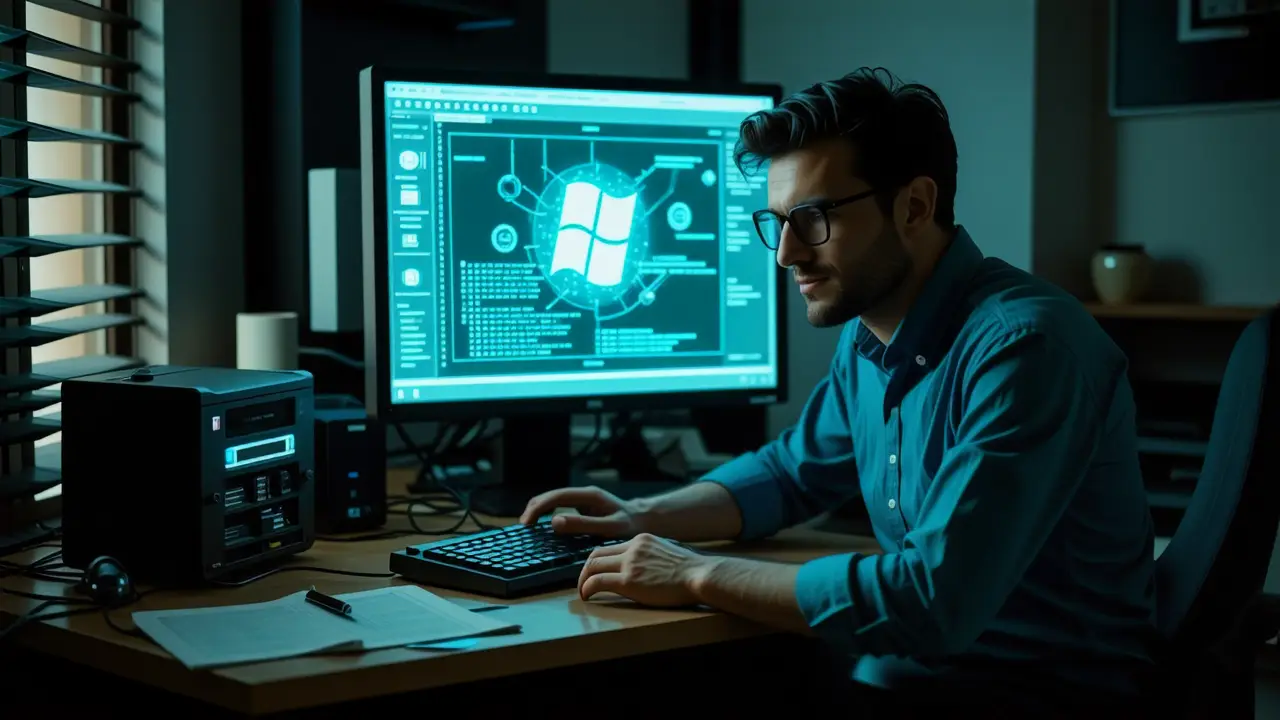 Windows 95: Historia y Características Clave 2 Un hombre pensativo interactúa con una interfaz retro digital