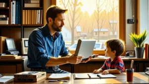 Un hombre pensativo observa un niño en un estudio cálido