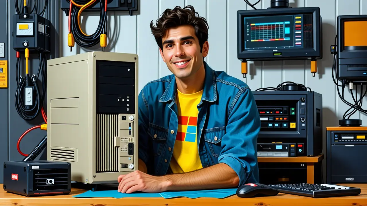 Windows 95: Historia y Características Clave 3 Un hombre retro sonríe junto a su PC