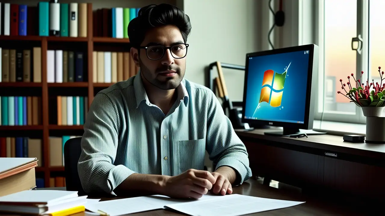 Windows 95: Historia y Características Clave 5 Un hombre contempla la tecnología del pasado