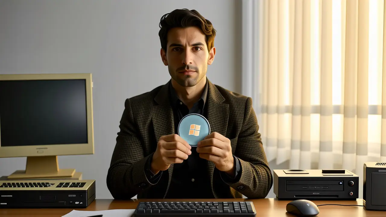 Windows 95: Historia y Características Clave 4 Un hombre pensativo observa tecnología retro