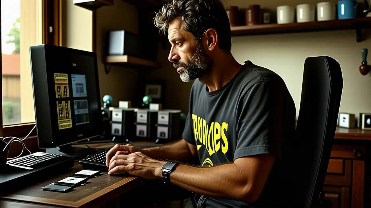 Un hombre pensativo trabaja con tecnología retro