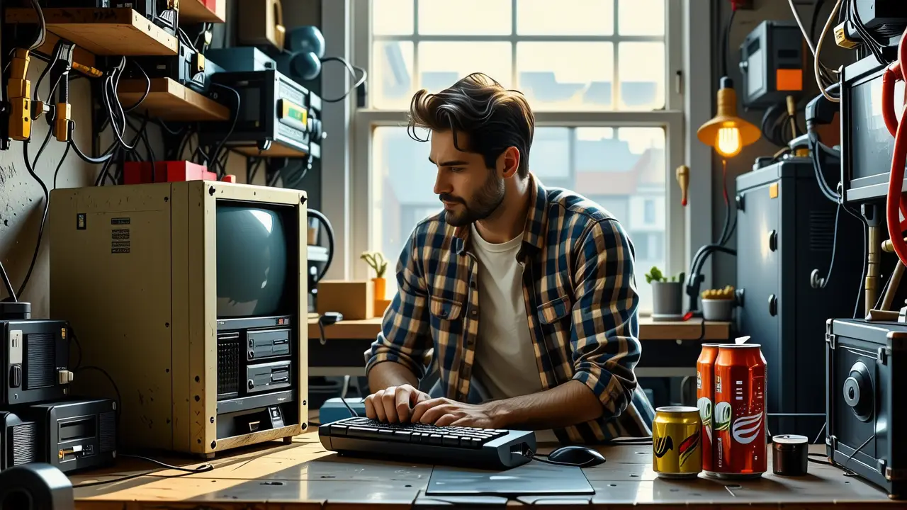 Un hombre arregla PC vintage con nostalgia