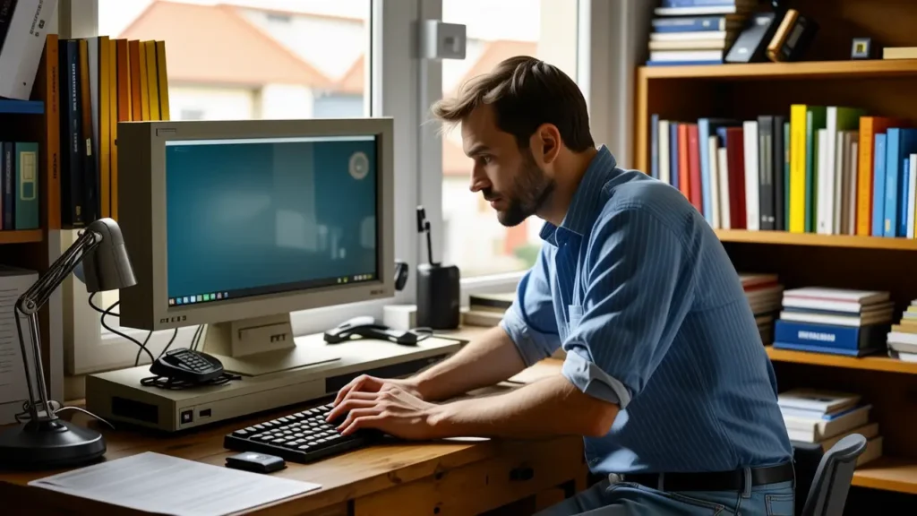 Un hombre concentrado en la era retro