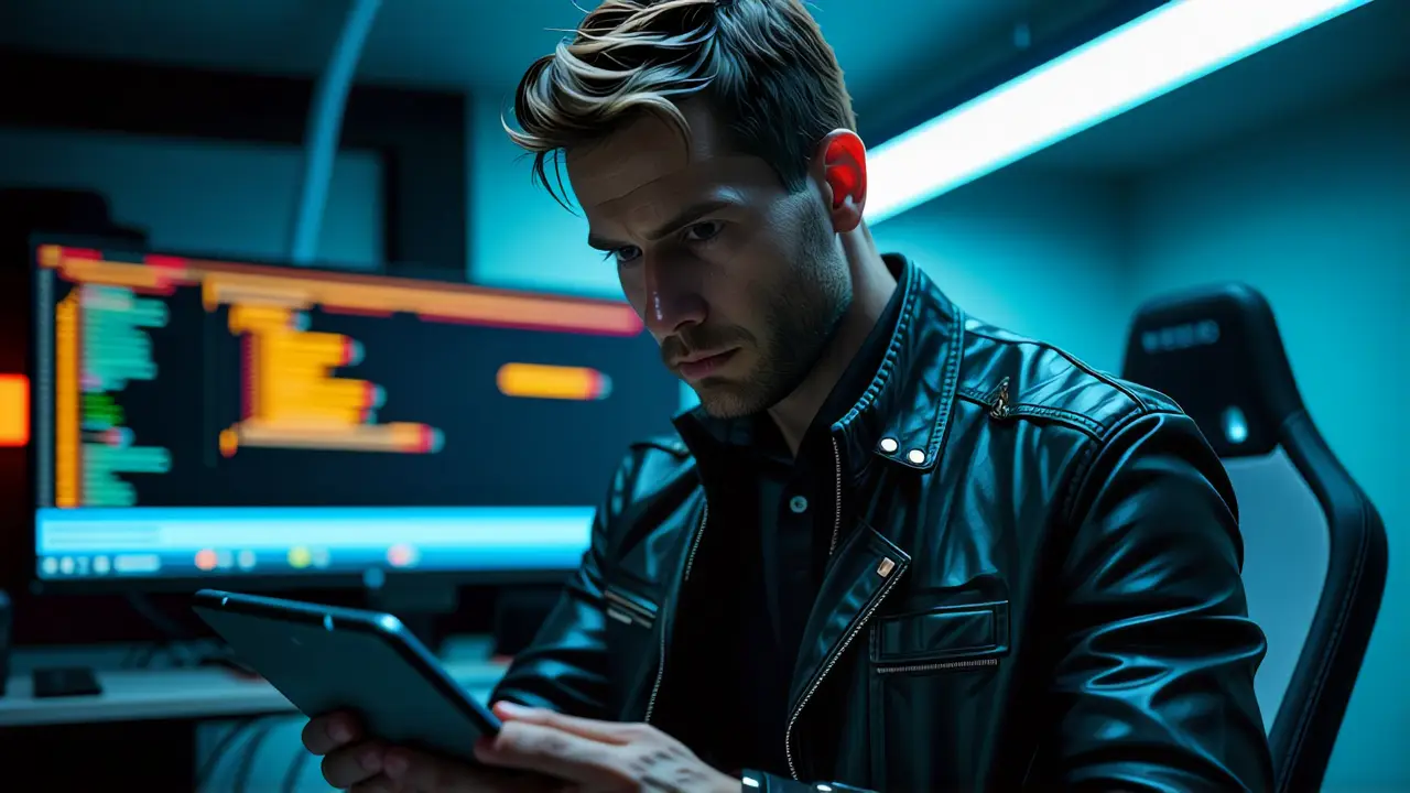 Un hombre serio examina código en la oscuridad