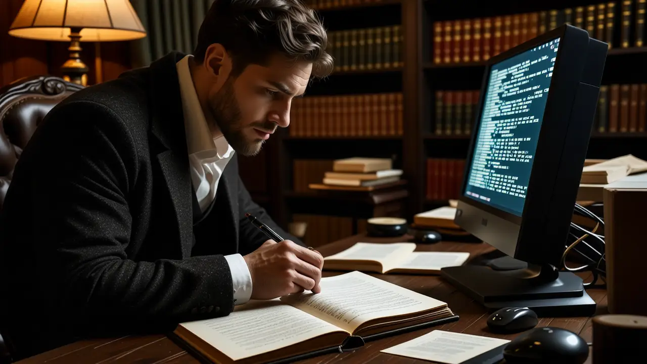 Un hombre intelectual estudia en un estudio oscuro