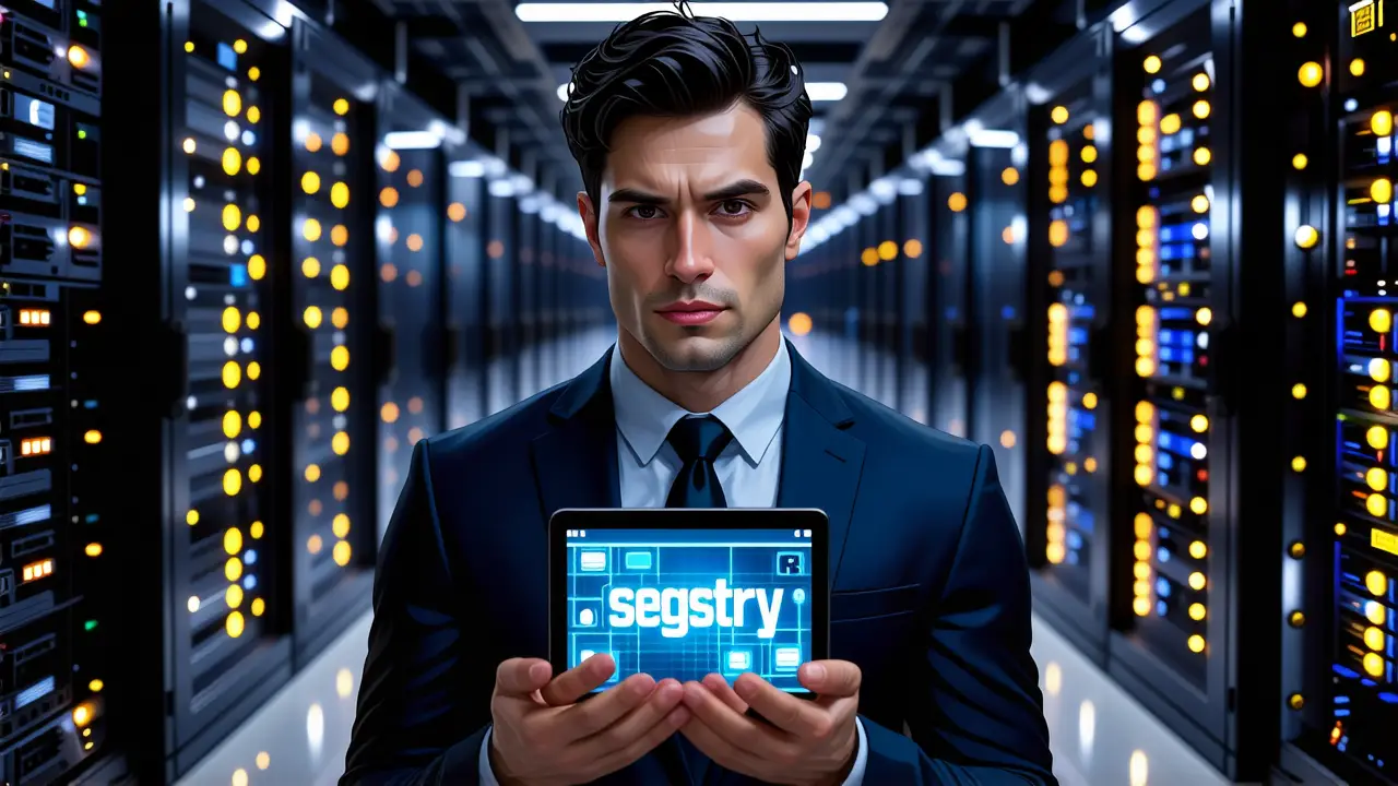 Un hombre serio examina claves digitales en oficina