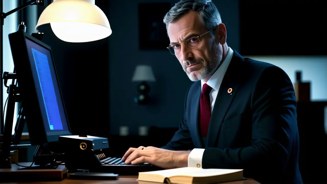 Un hombre serio observa la pantalla en un estudio